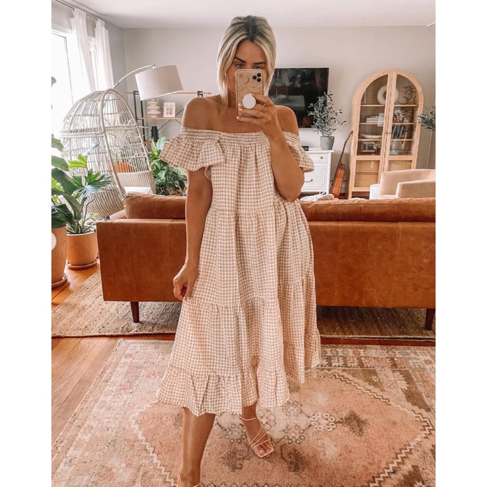 Petal + Pup Gingham Off The Shoulder Midi Eaco Dress